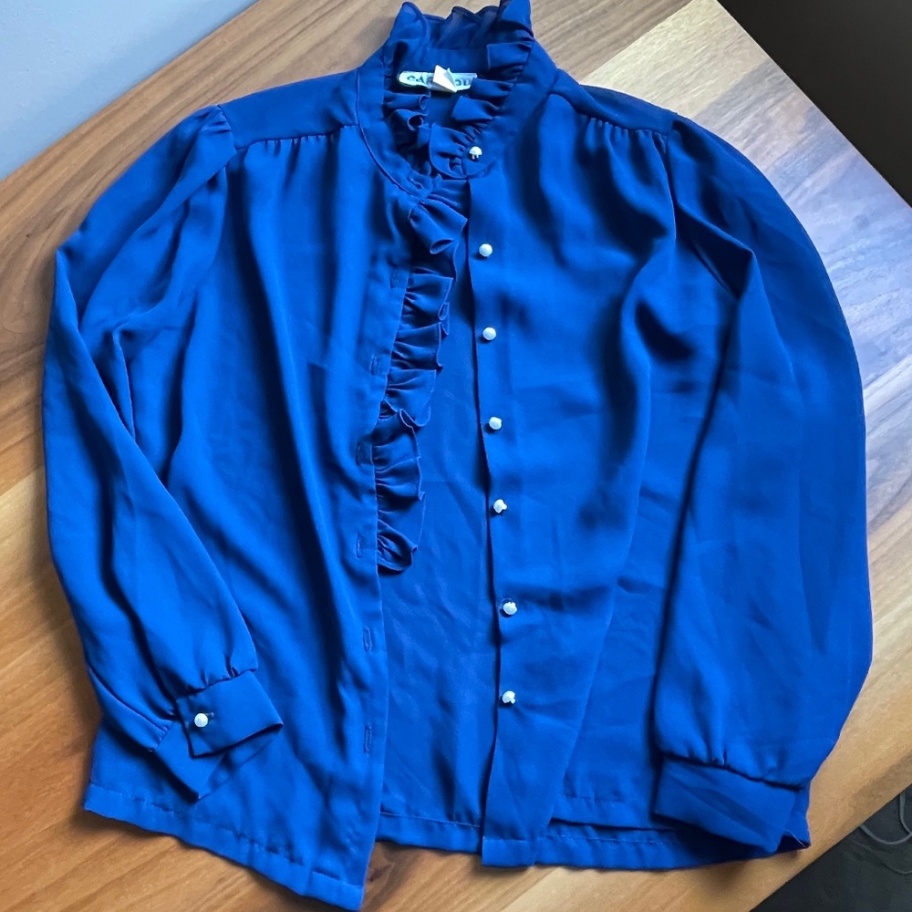 Vintage Caribou Blue Ruffles Blouse with Pearl Button